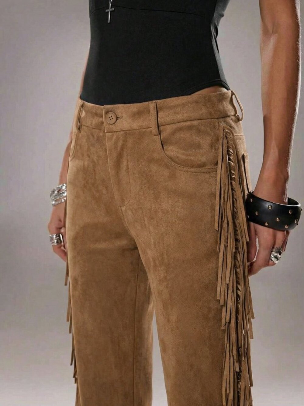 Brown Casual Women's Flare Leg Pants With Side Fringe Detail - Picture 3 of 5
